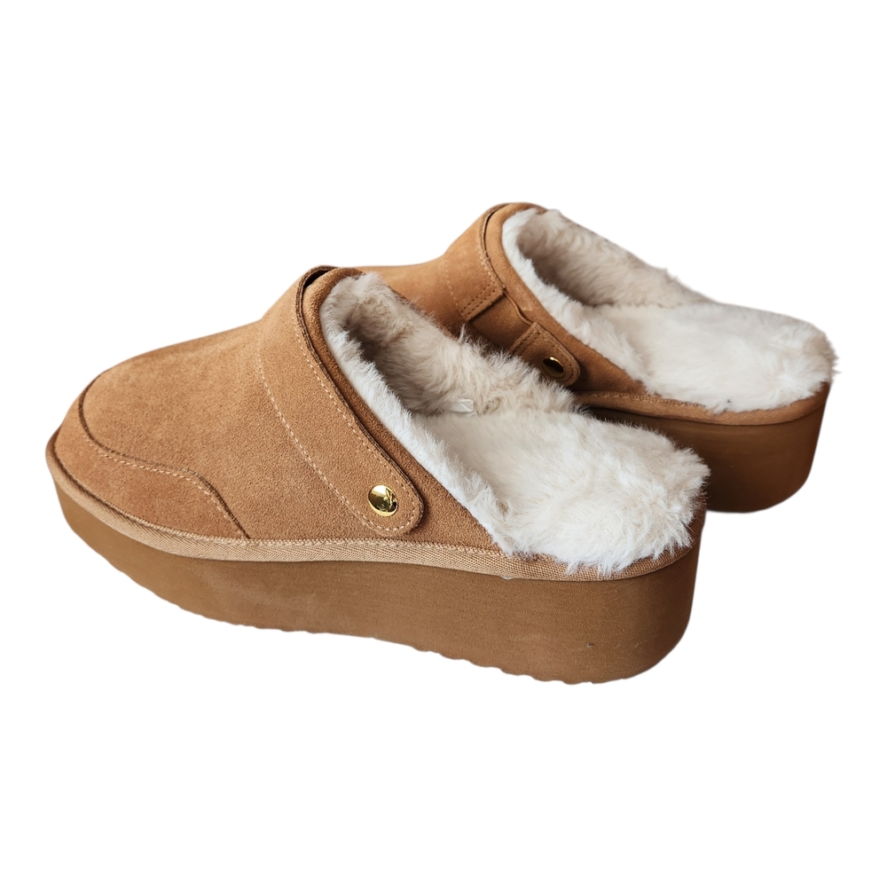 Joyspun Brown Suede Platform Slippers Plush Fur Lined NWT Womens Size 10